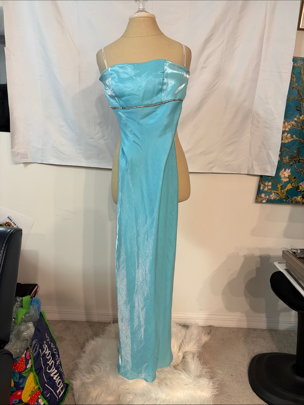 Betsy & Adam Shimmery Light Blue Spaghetti Strap Evening Gown